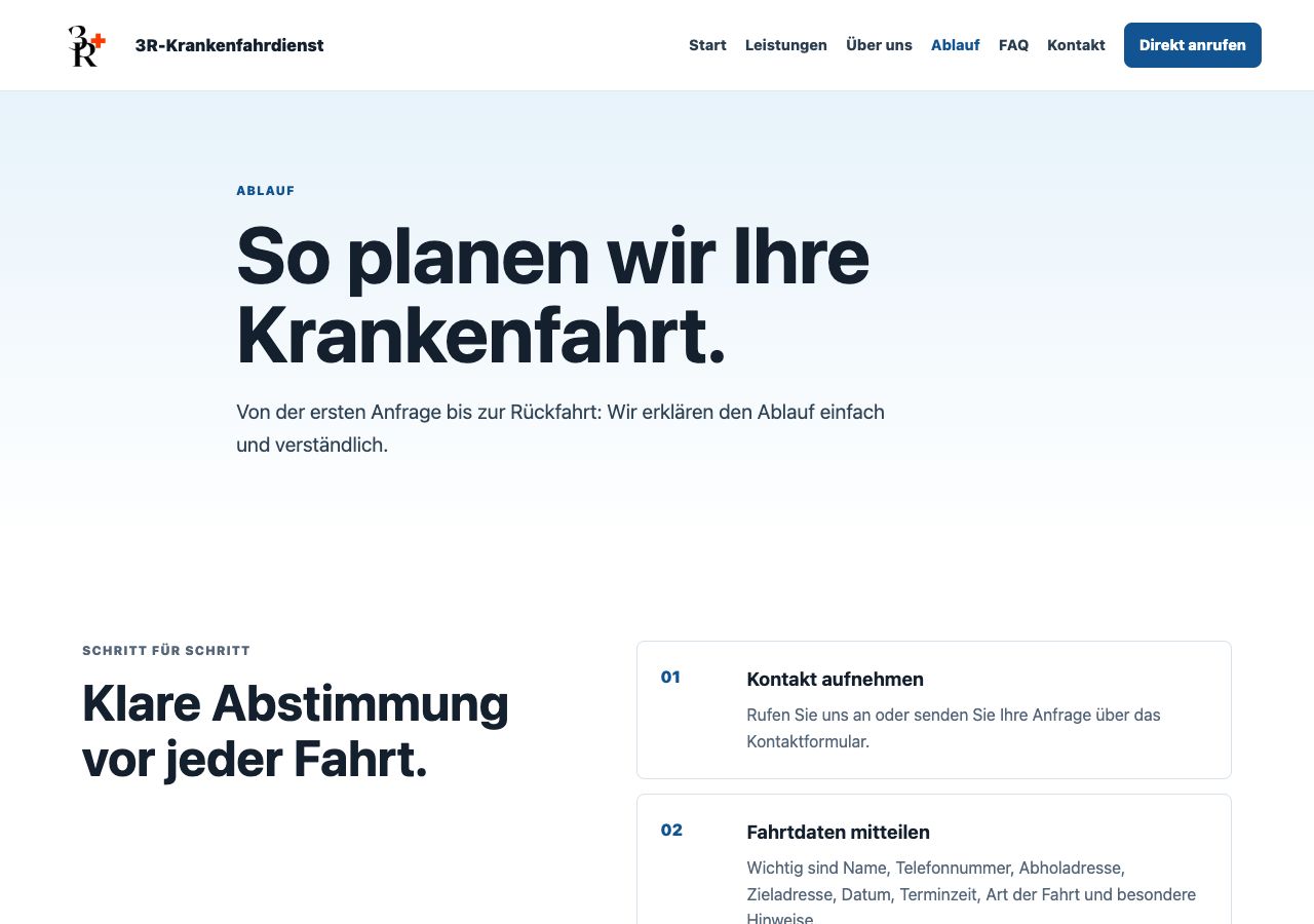 Screenshot der Ablaufseite von 3R-Krankenfahrdienst