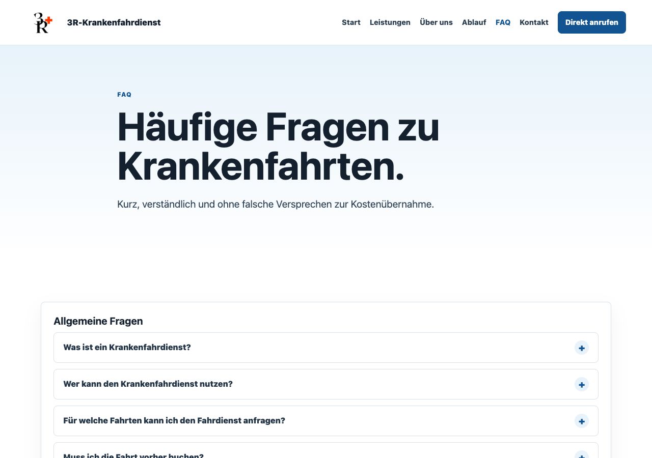Screenshot der FAQ-Seite von 3R-Krankenfahrdienst