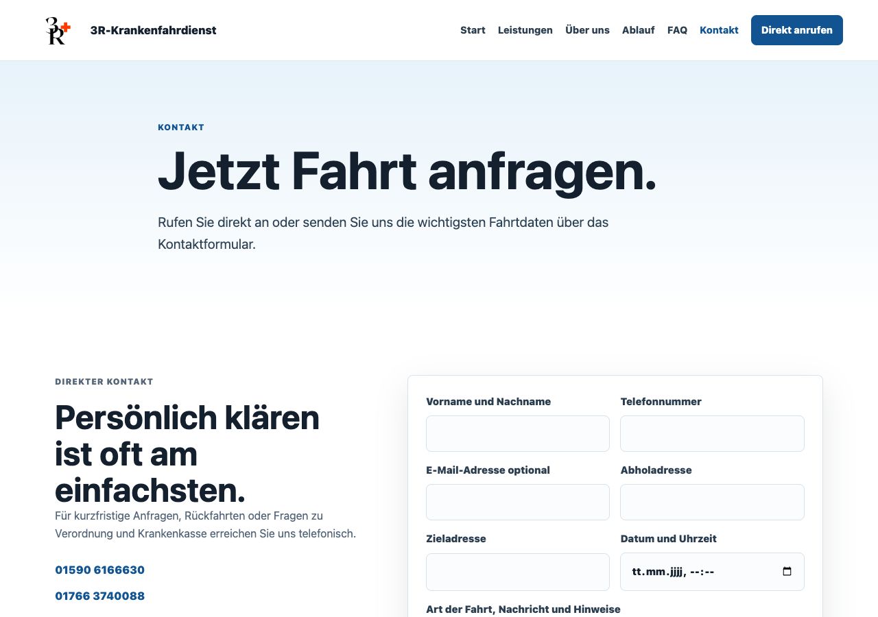 Screenshot der Kontaktseite von 3R-Krankenfahrdienst